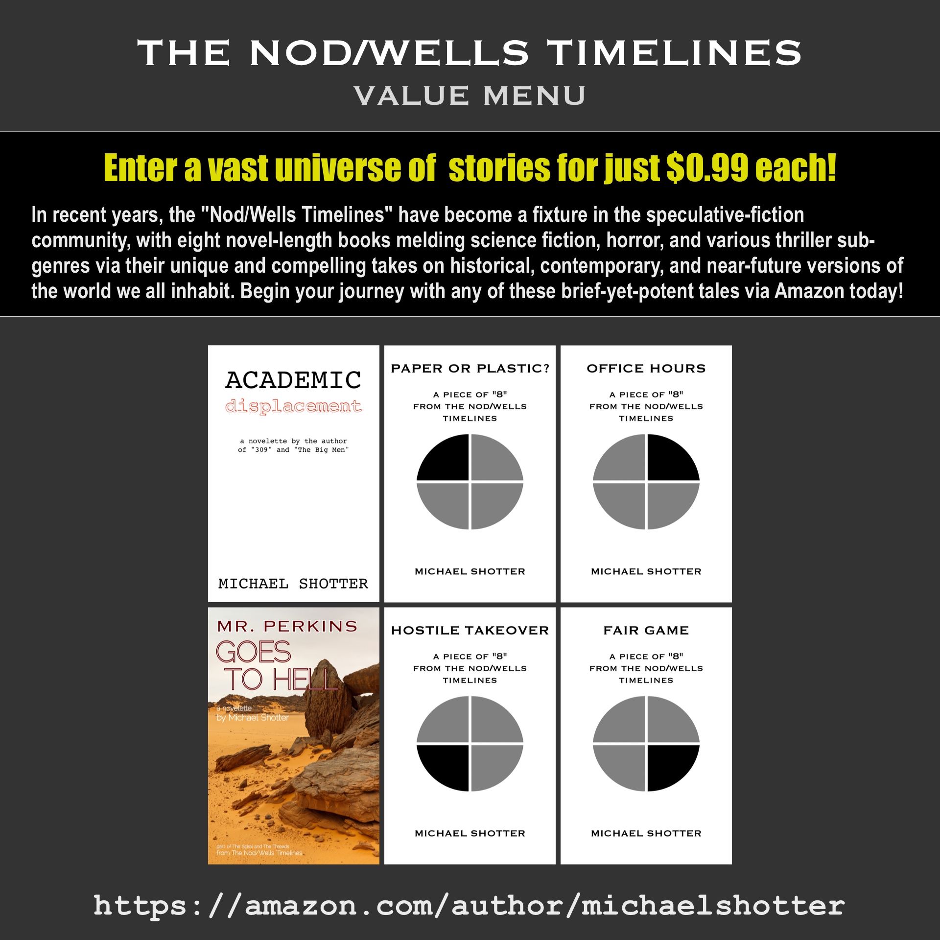 The Nod/Wells Timelines Value Menu at Amazon: Academic Displacement, Paper or Plastic?, Office Hours, Hostile Takeover, Fair Game, and Mr. Perkins Goes to Hell